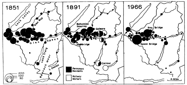 Fig 7: The distribution of population in the Glen Roy/Glen Spean area (Kilmonivaig parish) in 1851, 1891and 1966. (Turnock 1967)